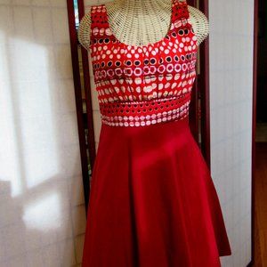 Red and Black polka dot Dress, sleeveless scoop neck. empire waist